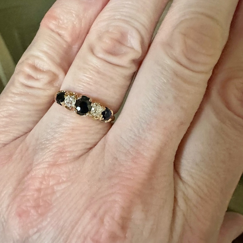 Antique 18K Gold Sapphire & Old Mine Diamond Victorian 5-Stone Ring Size 5.5 - Picture 12 of 15